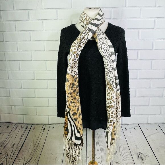 Pashmina White/Tan/Black Leopard Patchwork Fringe Scarf - Picture 1 of 11